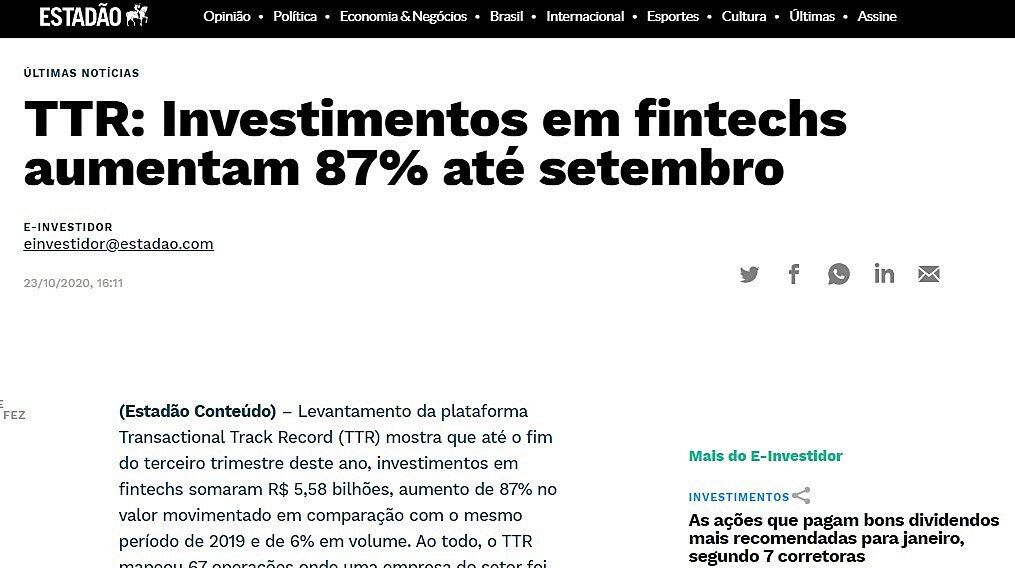 TTR: Investimentos em fintechs aumentam 87% at setembro